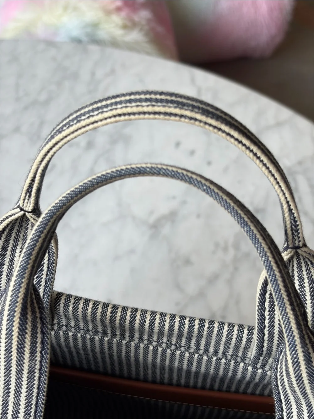 Celine Striped Canvas Calfskin Triomphe Tote in Navy and Brown